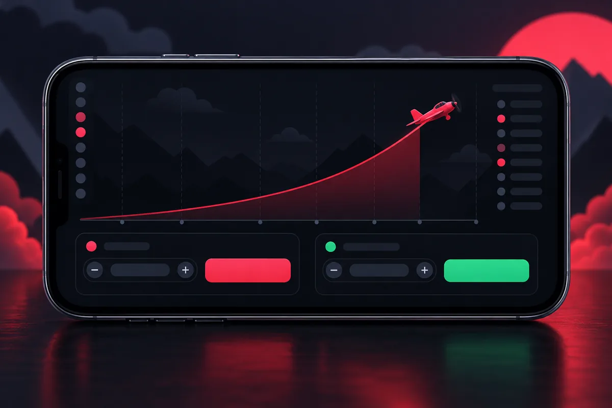 Aviator game screen on a phone with the plane, multiplier curve and two bet panels