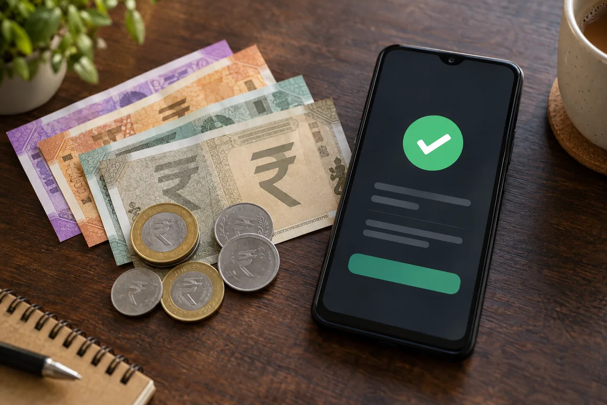 Rupee notes and coins next to a phone showing a successful UPI payment